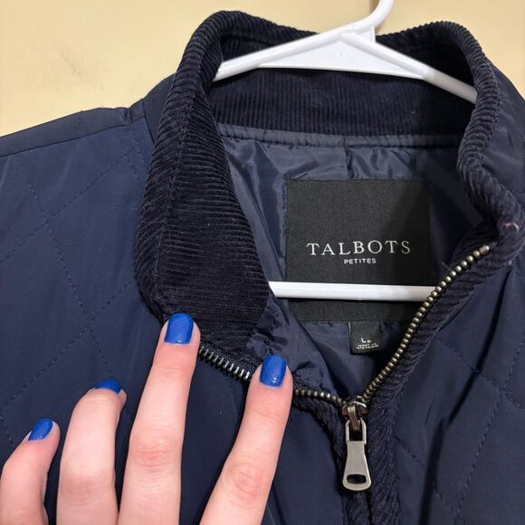 Talbots Women Navy Blue Quilted Zip Vest Corduroy Collar Petite Large - Picture 6 of 11